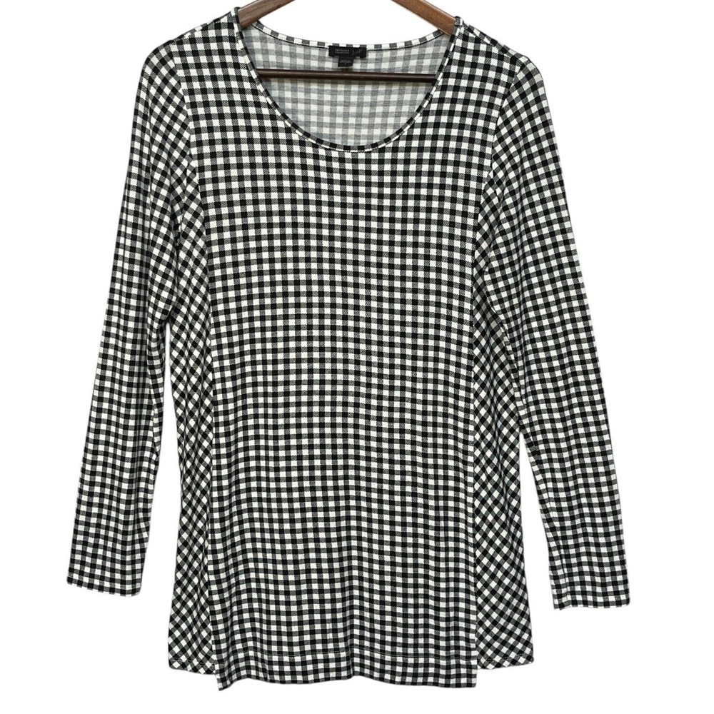 J. Jill Wearever Top Womens Small Black Gingham Check Scoop Neck Long Sleeve Exc